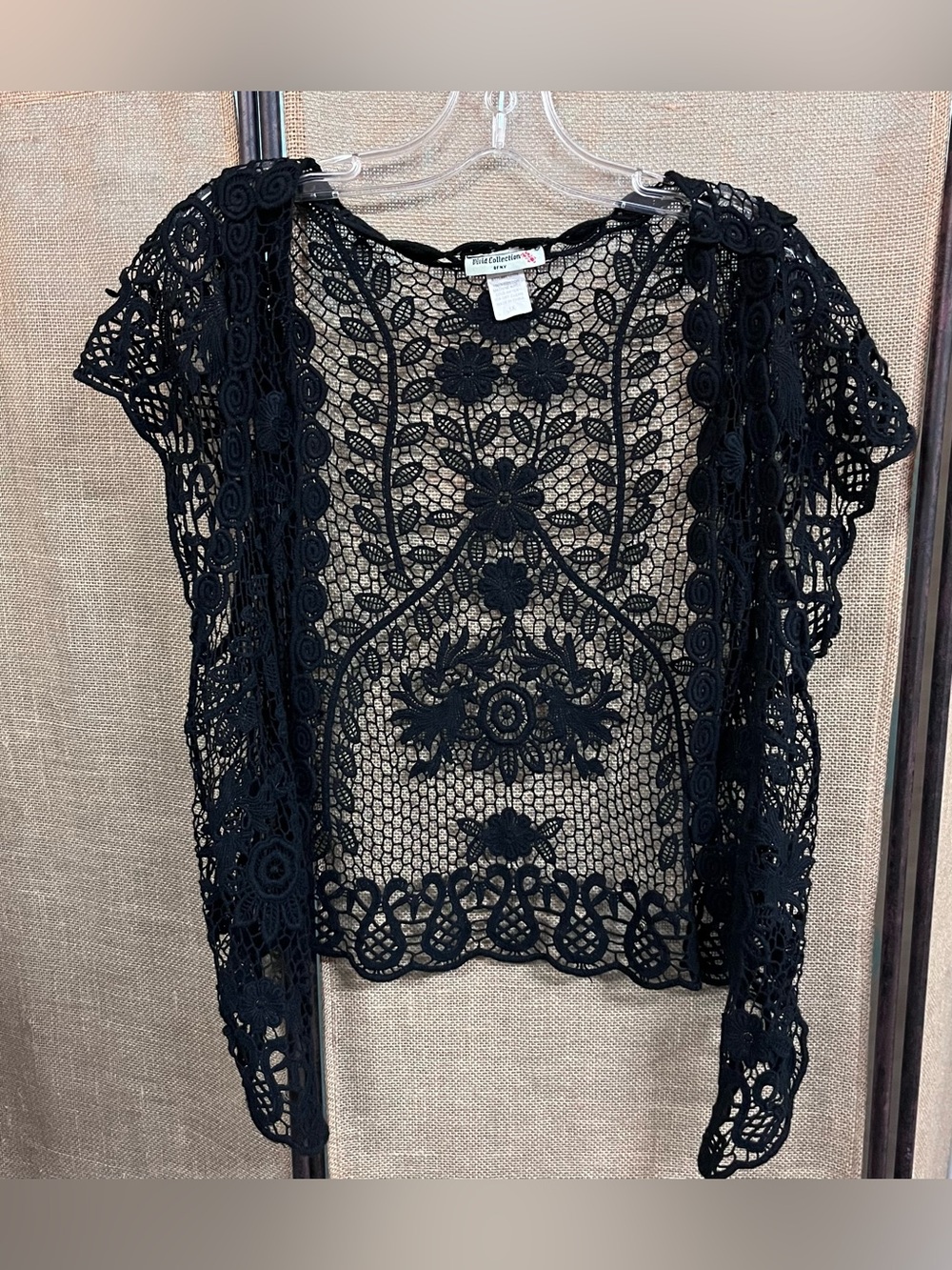 Vivid Collection by NY Black Lace Crochet Open Cardigan